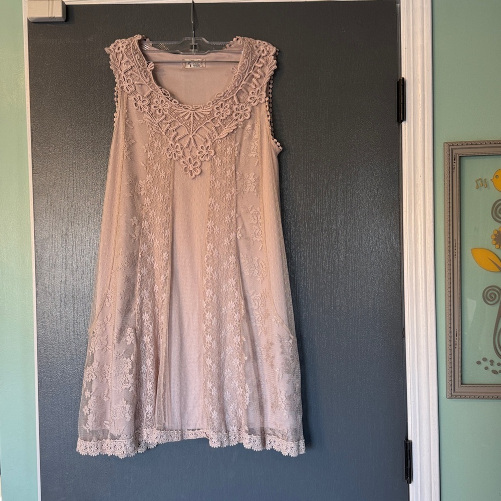 Altar'd State Fairycore Lace Floral Dress - Beige
